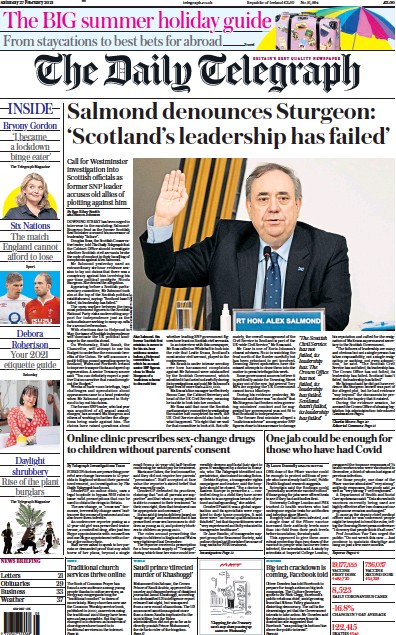 The Daily Telegraph Newspaper Front Page for 27 February 2021