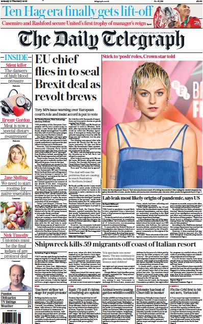 The Daily Telegraph (UK) Newspaper Front Page for 27 February 2023