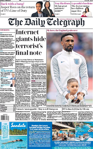 The Daily Telegraph Newspaper Front Page for 27 March 2017