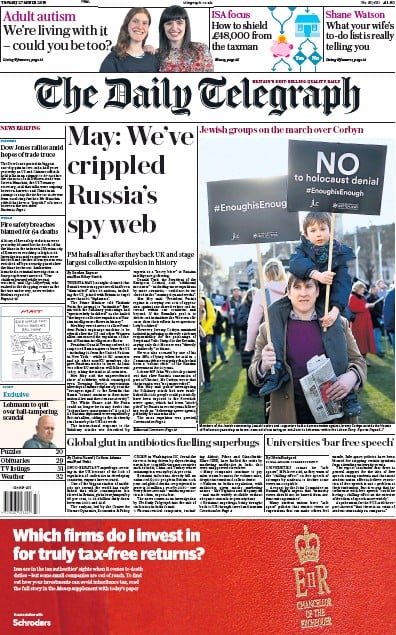 The Daily Telegraph Newspaper Front Page for 27 March 2018