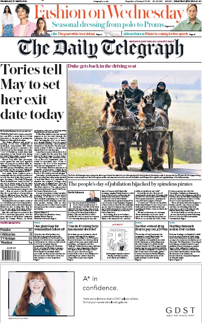 The Daily Telegraph (UK) Newspaper Front Page for 27 March 2019