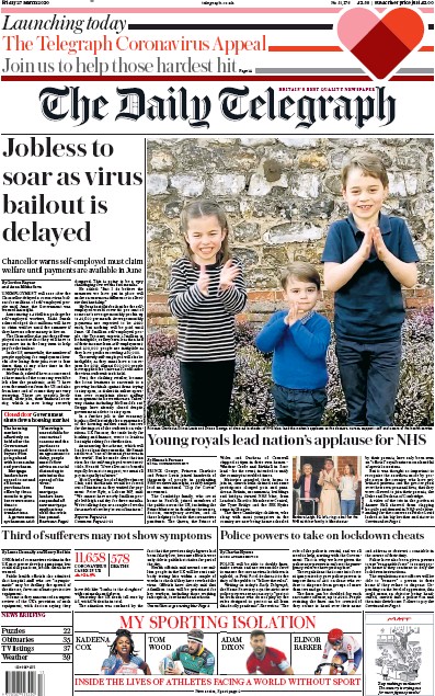 The Daily Telegraph Newspaper Front Page for 27 March 2020