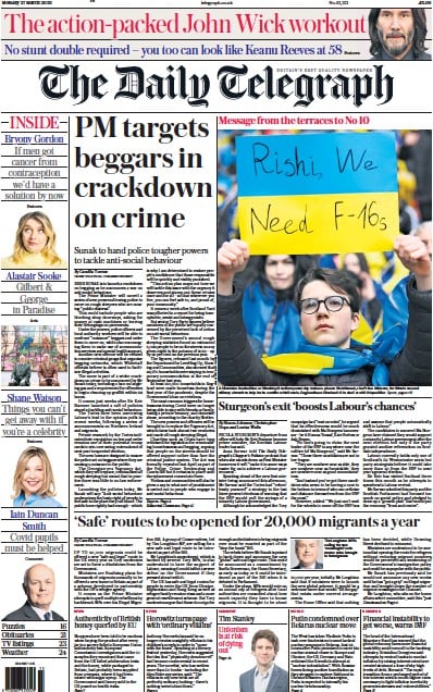 The Daily Telegraph (UK) Newspaper Front Page for 27 March 2023