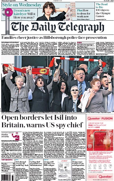 The Daily Telegraph (UK) Newspaper Front Page for 27 April 2016