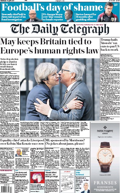 The Daily Telegraph Newspaper Front Page for 27 April 2017