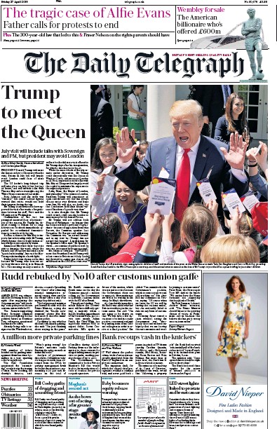 The Daily Telegraph (UK) Newspaper Front Page for 27 April 2018