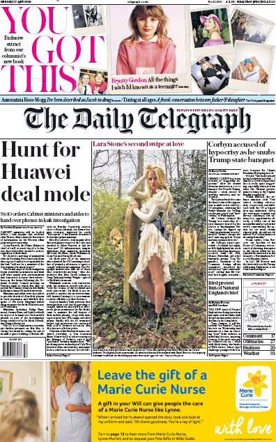 The Daily Telegraph Newspaper Front Page for 27 April 2019