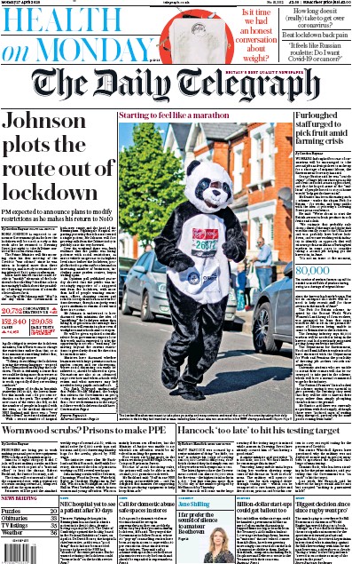 The Daily Telegraph Newspaper Front Page for 27 April 2020