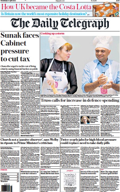 The Daily Telegraph (UK) Newspaper Front Page for 27 April 2022