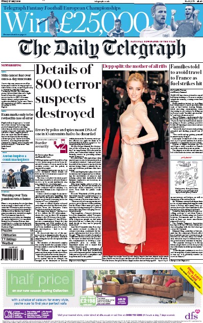The Daily Telegraph Newspaper Front Page for 27 May 2016