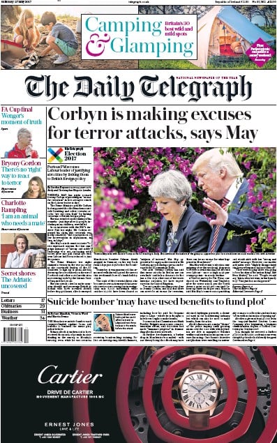 The Daily Telegraph Newspaper Front Page for 27 May 2017
