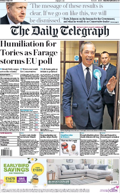 The Daily Telegraph Newspaper Front Page for 27 May 2019