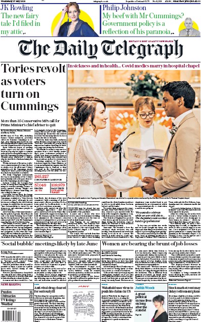 The Daily Telegraph Newspaper Front Page for 27 May 2020