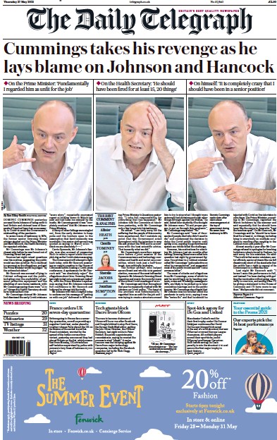 The Daily Telegraph Newspaper Front Page for 27 May 2021