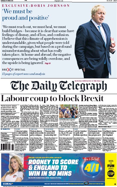 The Daily Telegraph Newspaper Front Page for 27 June 2016