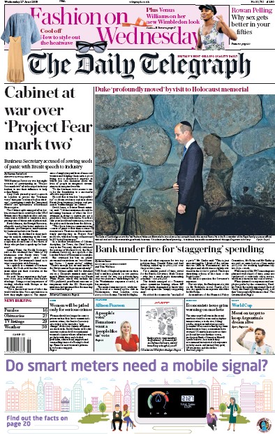 The Daily Telegraph Newspaper Front Page for 27 June 2018