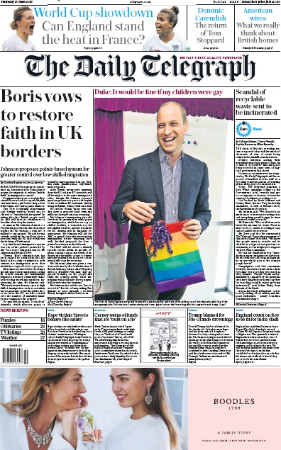 The Daily Telegraph Newspaper Front Page for 27 June 2019