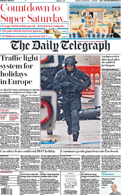The Daily Telegraph Newspaper Front Page for 27 June 2020