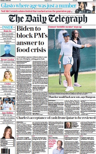 The Daily Telegraph (UK) Newspaper Front Page for 27 June 2022