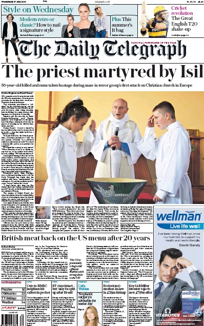 The Daily Telegraph Newspaper Front Page for 27 July 2016