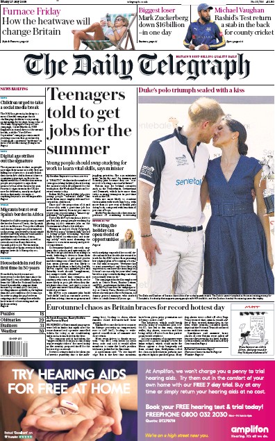 The Daily Telegraph Newspaper Front Page for 27 July 2018