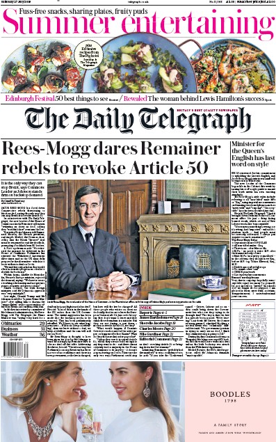 The Daily Telegraph (UK) Newspaper Front Page for 27 July 2019