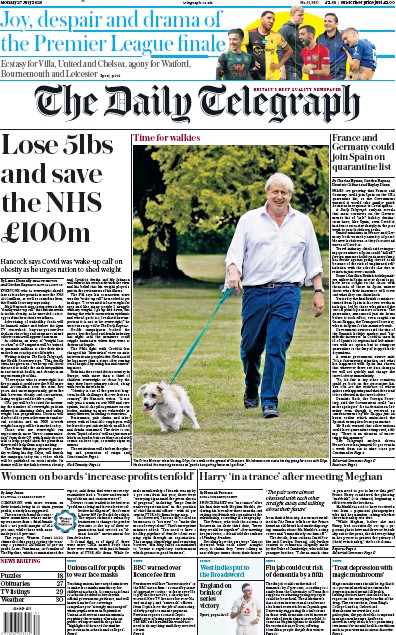 The Daily Telegraph Newspaper Front Page for 27 July 2020