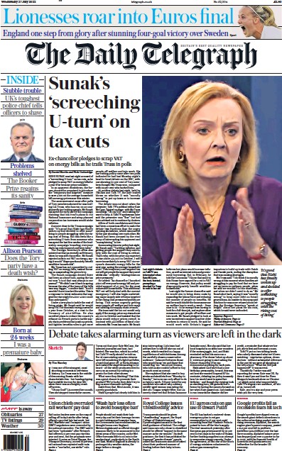 The Daily Telegraph Newspaper Front Page for 27 July 2022