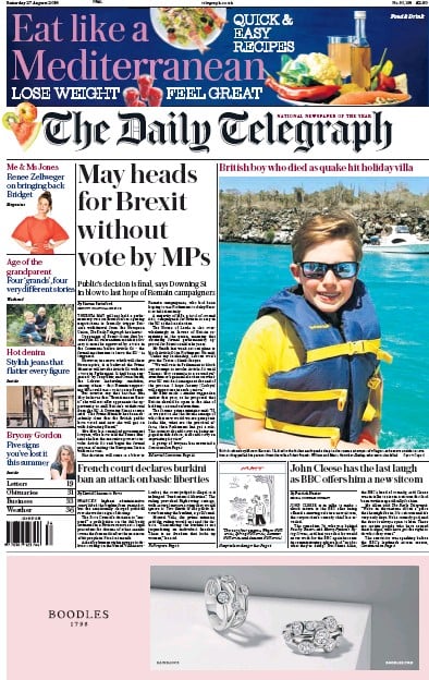 The Daily Telegraph (UK) Newspaper Front Page for 27 August 2016