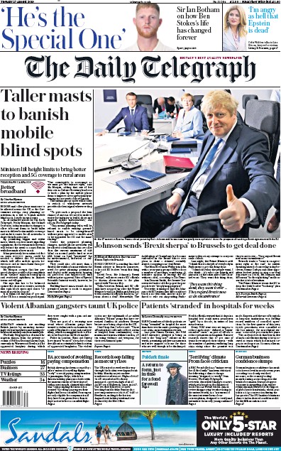 The Daily Telegraph Newspaper Front Page for 27 August 2019