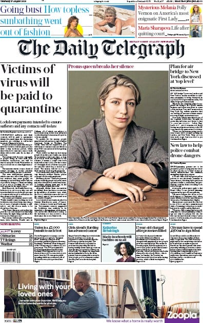 The Daily Telegraph Newspaper Front Page for 27 August 2020