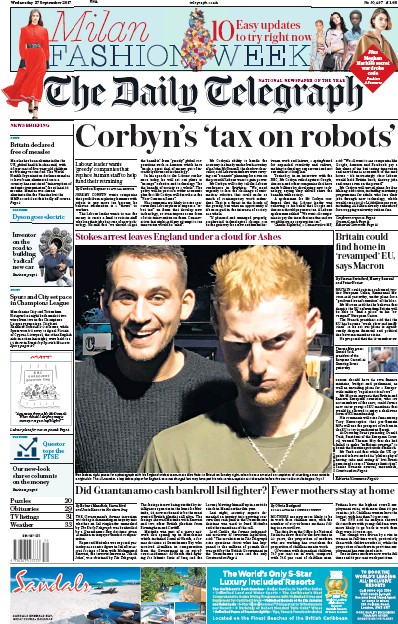 The Daily Telegraph Newspaper Front Page for 27 September 2017