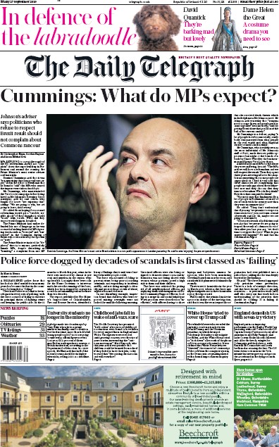 The Daily Telegraph Newspaper Front Page for 27 September 2019