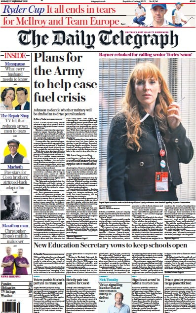 The Daily Telegraph (UK) Newspaper Front Page for 27 September 2021