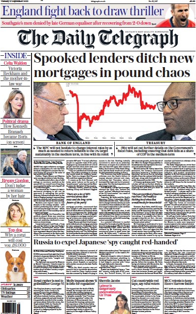The Daily Telegraph (UK) Newspaper Front Page for 27 September 2022