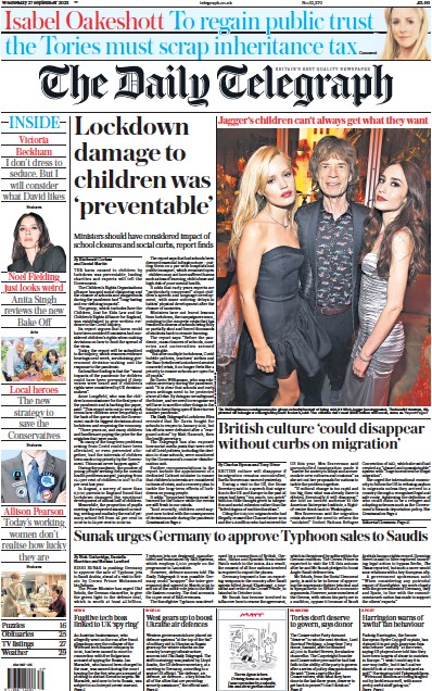 The Daily Telegraph Newspaper Front Page for 27 September 2023