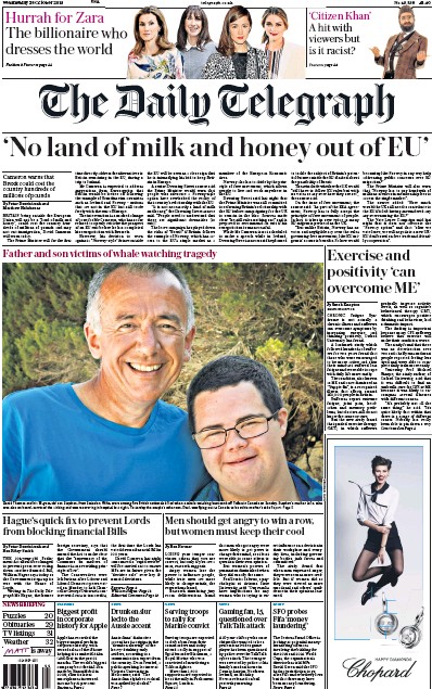 The Daily Telegraph Newspaper Front Page for 28 October 2015