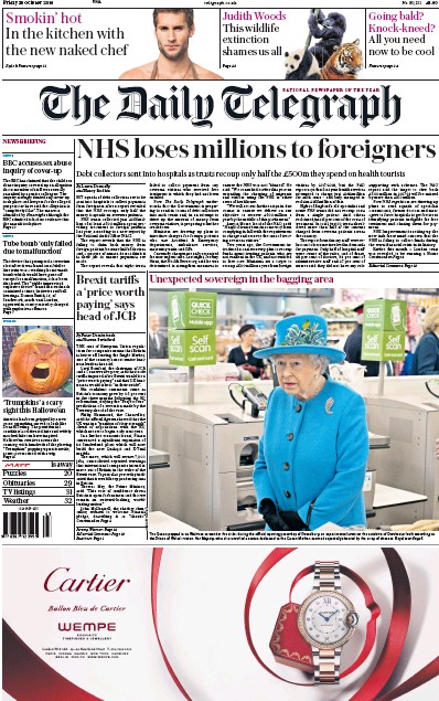 The Daily Telegraph Newspaper Front Page for 28 October 2016