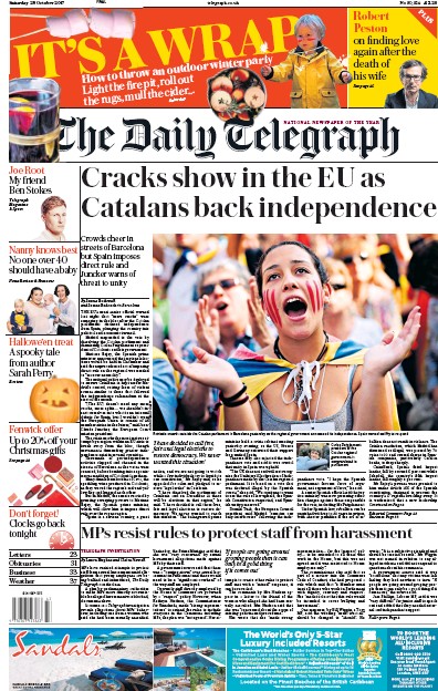 The Daily Telegraph Newspaper Front Page for 28 October 2017