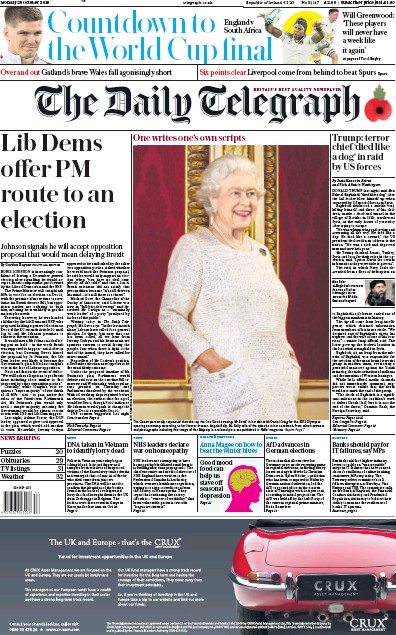 The Daily Telegraph Newspaper Front Page for 28 October 2019