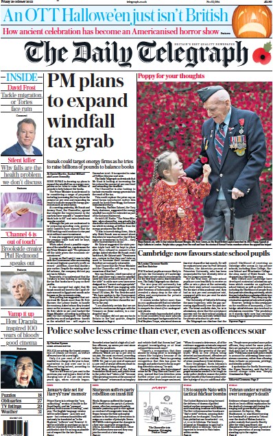 The Daily Telegraph Newspaper Front Page for 28 October 2022