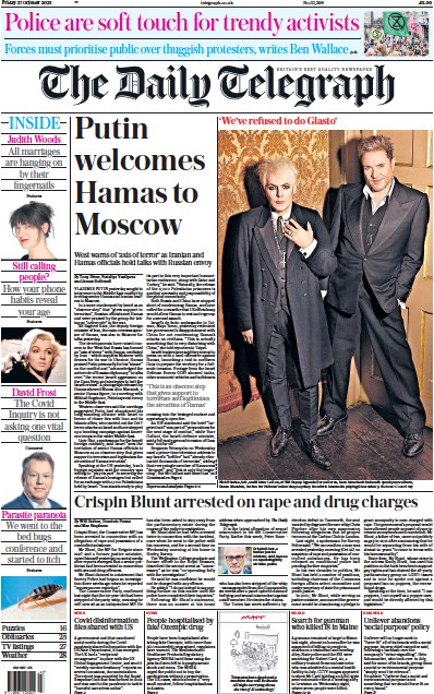 The Daily Telegraph (UK) Newspaper Front Page for 28 October 2023