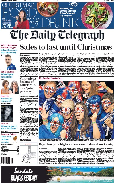 The Daily Telegraph Newspaper Front Page for 28 November 2015