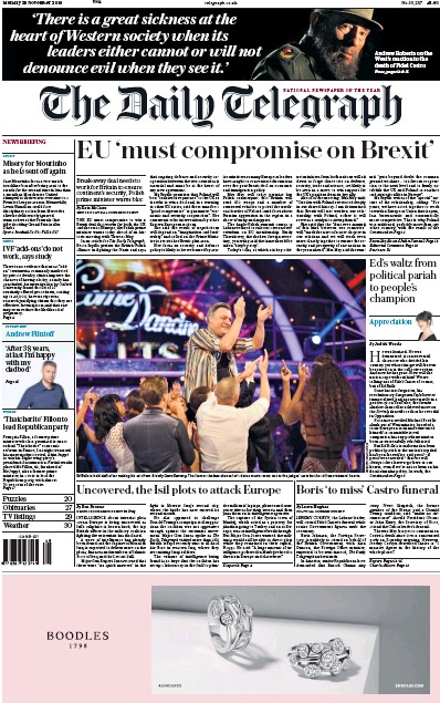 The Daily Telegraph Newspaper Front Page for 28 November 2016