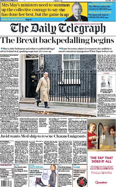The Daily Telegraph Newspaper Front Page for 28 November 2018