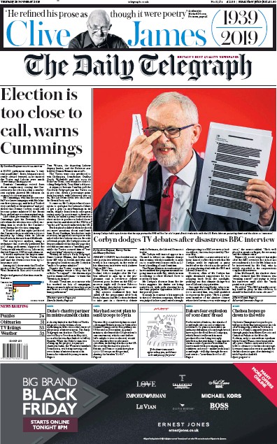 The Daily Telegraph Newspaper Front Page for 28 November 2019