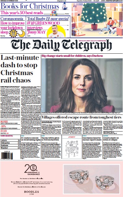 The Daily Telegraph Newspaper Front Page for 28 November 2020