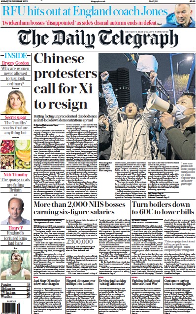 The Daily Telegraph (UK) Newspaper Front Page for 28 November 2022