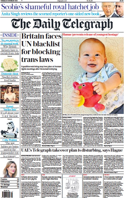 The Daily Telegraph (UK) Newspaper Front Page for 28 November 2023