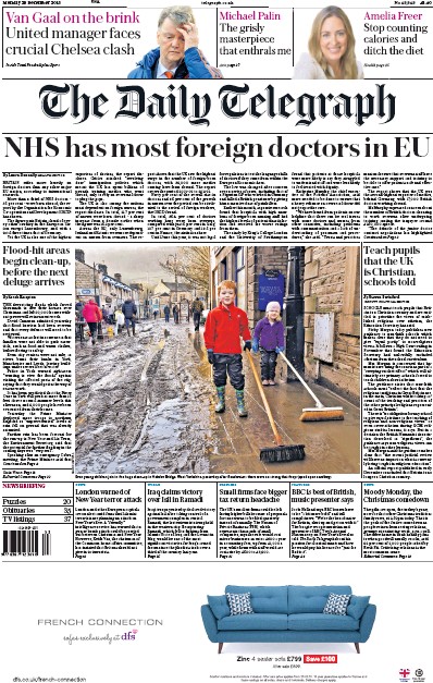 The Daily Telegraph Newspaper Front Page for 28 December 2015